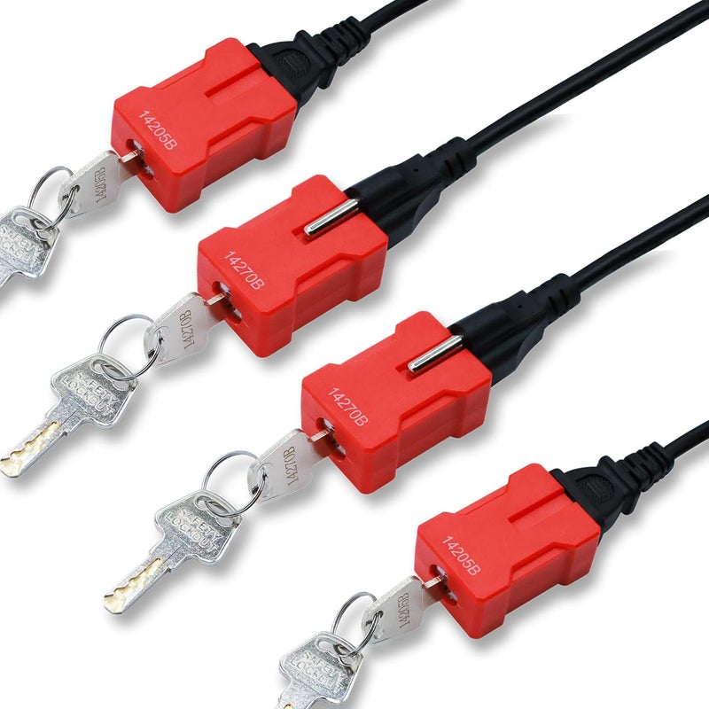 AuRandoo 4PCS Plug Lock Electrical Cord Plug Lockout Device Plug Locking Safety Locks Fits 2 & 3 Prong Plugs Electrical Shutdown Service Keyed Different, 2 Keys - Image 1